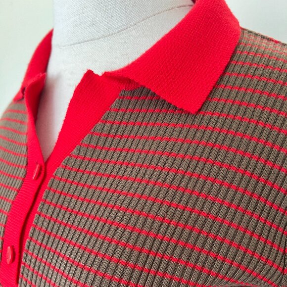 70's Sweater - Striped Pullover - Polo - Red & Brown - Size Large - Picture 3 of 8